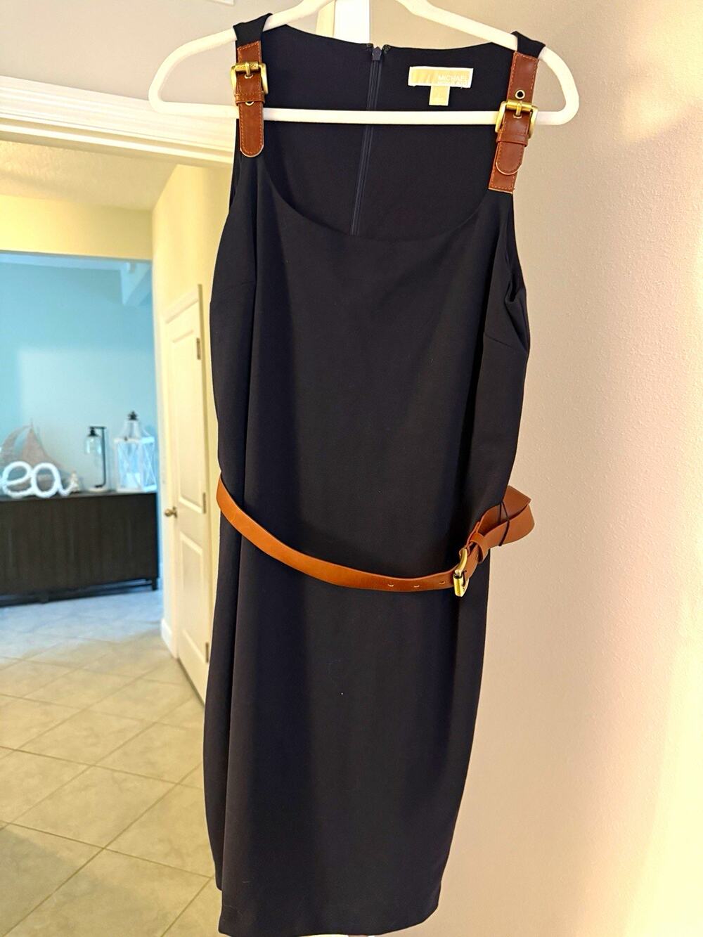 Michael Kors Black Solid jumper Dress Knee Length Square Neck Belted L